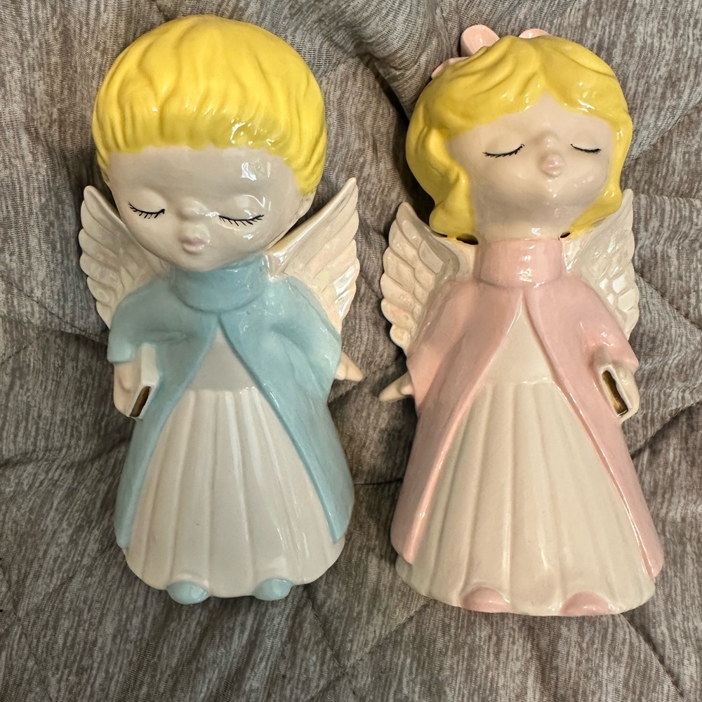 Kissing Ceramic Angel Figurines with Blue and Pink Coats